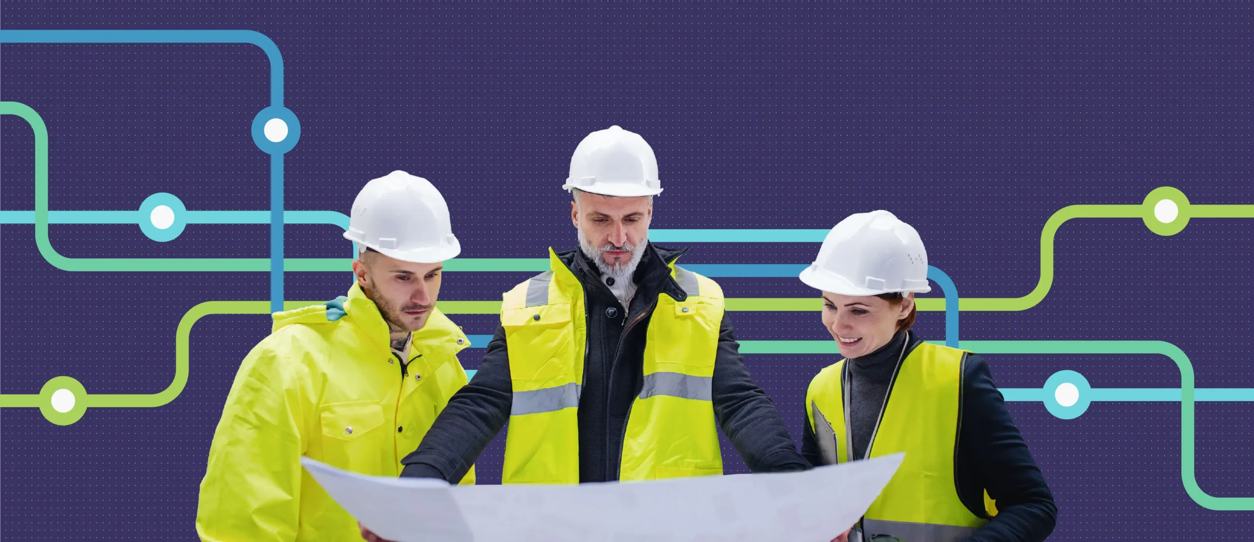 A group of three engineers wearing yellow vests and safety helmet look at a planimetry held by the person in the middle. The background is purple with a greenish dot pattern grid. Graphical elements depicting intertwining colored lines, like subway stops, are also present.