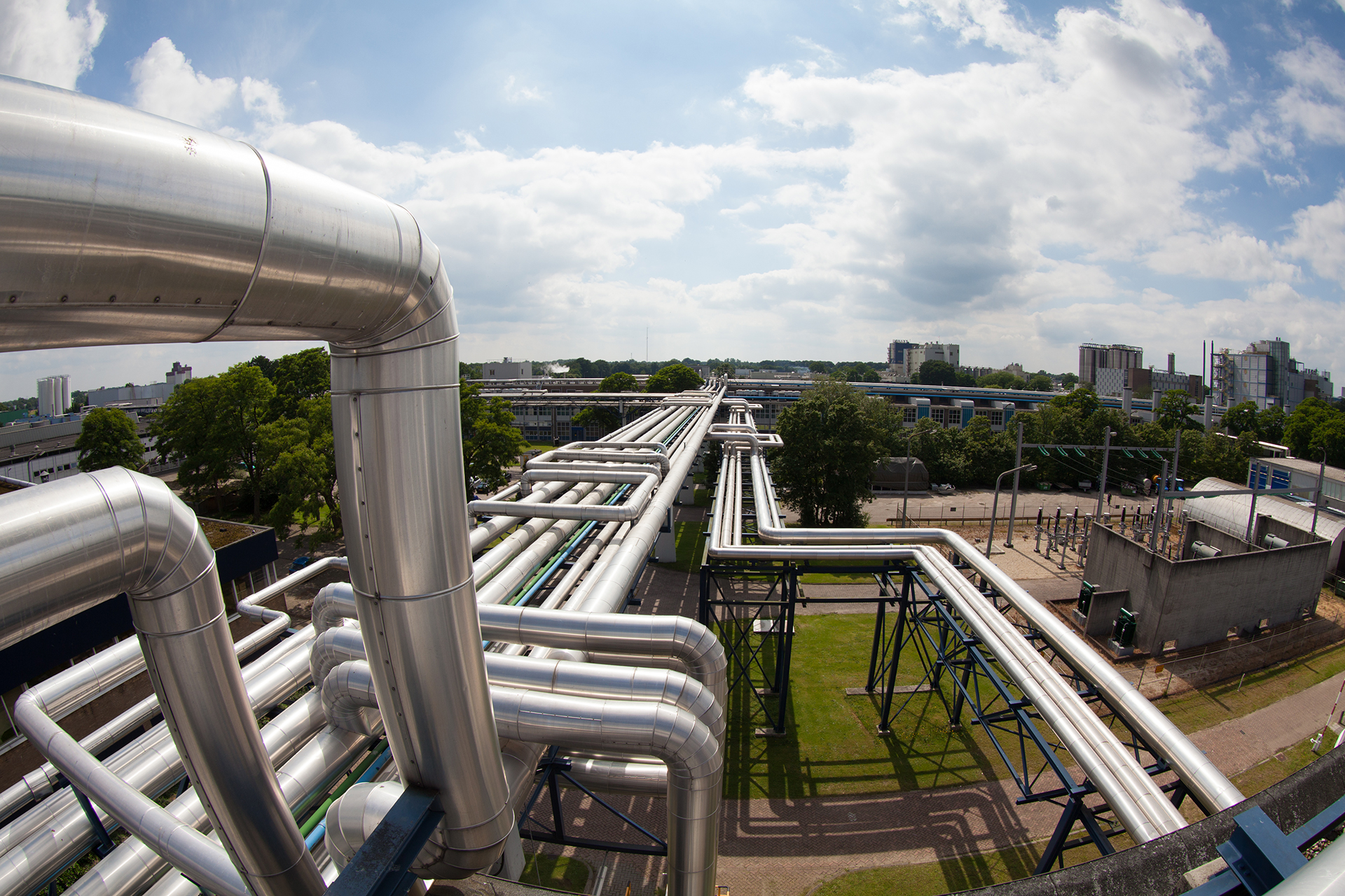 Network of industrial pipelines at a hydrogen facility.